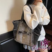 【iSPurple】復古百搭 大容量牛仔抽鬚通勤托特包/顏色可選 黑