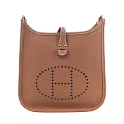 Hermes 愛馬仕 Evelyne 23cm H LOGO牛皮布款背帶斜/肩背包- 棕37/K刻