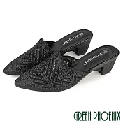 【GREEN PHOENIX】女 穆勒鞋 拖鞋 跟鞋 尖頭 粗跟 中跟 水鑽 透膚 鏤空 紗網 EU36 黑色