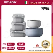 【OMADA】義大利製 Pull Box 易拉保鮮盒 圓型(0.75L+1.8L)+方型(0.4L+1L+1L扁)實用五件組 圓型-天空色+方型-灰