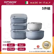【OMADA】義大利製 Pull Box 易拉保鮮盒 圓型(0.75L+1.8L)+方型(1L扁x2+2L)實用五件組 圓型-天空色+方型-藍