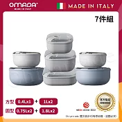 【OMADA】義大利製 Pull Box 易拉保鮮盒 圓型(0.75L+1.8L)x2+方型(0.4L+1L+1L扁)經典七件組 圓型-天空色x2+方型-灰色