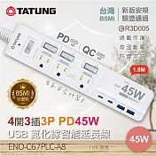 【TATUNG大同】4開3插3P PD45W-USB GaN氮化鎵智能快充(1.8M)延長線(ENO-C67PLC-A8)