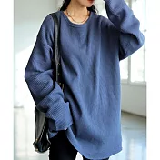 日本Antiqua｜領口三角增添精緻｜長袖T恤｜全棉華夫格紋不易起皺｜實穿包色基本款｜男女適用 M-L 藍色Regular