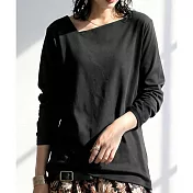 日本Antiqua｜微露鎖骨斜領｜長袖T恤｜全棉舒適俐落臉部線條｜實穿包色基本款 L 黑色