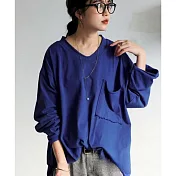 日本Antiqua｜復古質感V領口袋｜長袖T恤｜全棉輕鬆駕馭隨興造型｜實穿包色基本款｜男女適用 M-L 藍色Regular