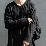 日本Antiqua｜復古質感V領口袋｜長袖T恤｜全棉輕鬆駕馭隨興造型｜實穿包色基本款｜男女適用 M-L 黑色Regular