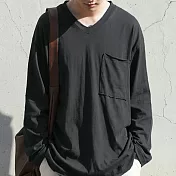 日本Antiqua｜復古質感V領口袋｜長袖T恤｜全棉輕鬆駕馭隨興造型｜實穿包色基本款｜男女適用 M-L 深灰Regular