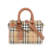 BURBERRY 經典格紋帆布及牛皮迷你保齡球包 (經典米色/石楠木棕色)