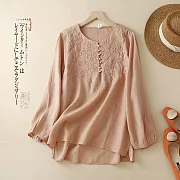 【慢。生活】文藝同色立體刺繡棉麻圓領開扣上衣 6153  FREE 淺粉色