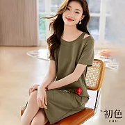 【初色】韓版氣質修身顯瘦短袖連身裙洋裝-9款任選-68315(M-2XL可選) XL H.深綠色
