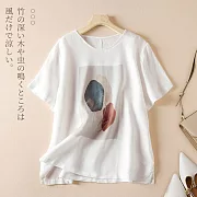 【ACheter】 棉麻短袖T恤圓領文藝印花上衣寬鬆顯瘦薄款短版# 121876 M 白色