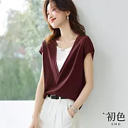 【初色】素雅簡約百搭修身顯瘦短袖T恤上衣女上衣-共3款任選-11228(M-2XL可選) XL C.酒紅色