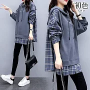 【初色】韓版拼接格紋假兩件寬鬆大碼抽繩連帽T恤上衣女上衣-藏青色-39724(M-3XL可選) M 藏青色