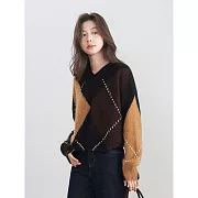 【MsMore】 菱形格費爾島毛衣復古V領針織上衣# 126747 FREE 咖色