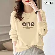 【AMIEE】洋氣減齡棉質大學T圓領上衣(KDTQ-417) L 杏色