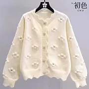 【初色】純色立體釘珠花朵裝飾花邊領長袖排釦針織衫上衣女上衣-共3色-17233(F可選) F 米白色