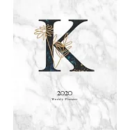 2020 Weekly Planner: Black & Blue Abstract Monogram Planner With Letter "K" on Luxury Gray Marble