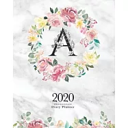 2020 Diary Planner: 8x10 Planner With Watercolor Flowers "A" Monogram On Gray Marble for Woman
