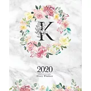 2020 Diary Planner: 8x10 Planner With Watercolor Flowers "K" Monogram On Gray Marble for Woman