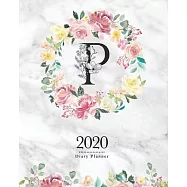 2020 Diary Planner: 8x10 Planner With Watercolor Flowers "P" Monogram On Gray Marble for Woman