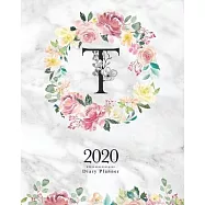 2020 Diary Planner: 8x10 Planner With Watercolor Flowers "T" Monogram On Gray Marble for Woman