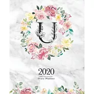 2020 Diary Planner: 8x10 Planner With Watercolor Flowers "U" Monogram On Gray Marble for Woman