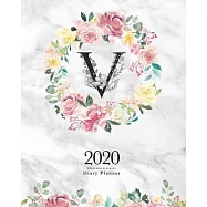 2020 Diary Planner: 8x10 Planner With Watercolor Flowers "V" Monogram On Gray Marble for Woman