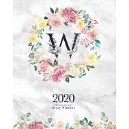 2020 Diary Planner: 8x10 Planner With Watercolor Flowers "W" Monogram On Gray Marble for Woman
