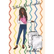 Where She Travels - (6x9 lined journal rainbow zig zag lines cover)