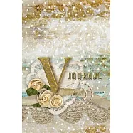 V Journal: Letter V Initial Monogram Lined Notebook - Flower and Heart Cream