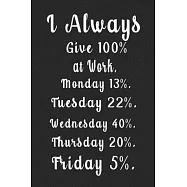 I Always Give 100% at Work. Monday 13% . Tuesday 22% . Wednesday 40%. Thursday 20%. Friday 5%. (Quote Journal, Funny
