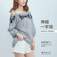 【KatieQ】肩帶可拆伸縮一字領上衣-F FREE黑