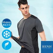 【HENIS】潮流黯彩 方框網眼拼接 吸濕排汗機能短T M神秘灰