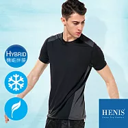 【HENIS】超彈力黯彩 細緻網眼拼接 吸濕排汗機能短T 2XL暗夜黑