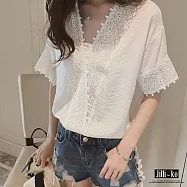【Jilli~ko】蕾絲V領罩衫上衣 M/L J6743 XL白色