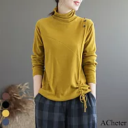 【A.Cheter】文青簡約抽繩鈕扣小高領針織衫#105741F黃