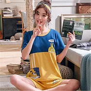 O-ni O-ni圓領夏季棉質雙色小黃兔短袖短褲家居服套組(小黃兔6610)L黃&藏青色