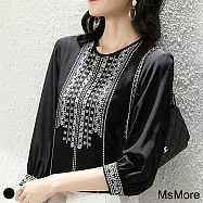 【MsMore】羅馬宮廷刺繡輕柔冰雪紡寬鬆上衣#107242M黑