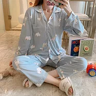 O-ni O-ni翻領鈕扣式秋冬長袖家居服套組2XL(長頸鹿+小牛/水藍色)