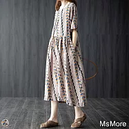 【ACheter】田間小路幾何印花圓領棉麻寬鬆洋裝#108856 XL 印花