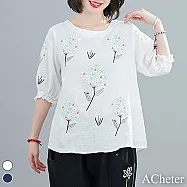 【ACheter】荷蘭鄉村風信子刺繡棉麻燈籠五分袖上衣#108853 M 白