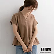 【Jilli~ko】V領亞麻感小衫 9061  FREE 卡其色