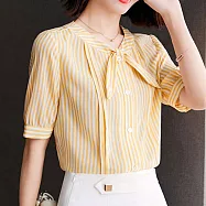 【MsMore】小知女氣質空調條紋雪紡襯衫上衣#109278- M 黃