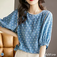 【MsMore】法式蘭嬋絲波點燈籠五分袖寬鬆上衣#109291- M 藏青