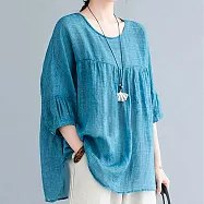 【ACheter】海島旅遊原創寬鬆大碼純色輕薄涼爽棉麻上衣#109377- M 藍