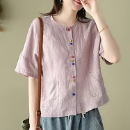 【ACheter】彩釦天絲麻雅致寬鬆外套式上衣#109298- 3XL 粉紅