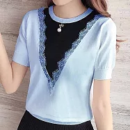 【MsMore】鋼琴老師氣質黑白拼接冰絲針織上衣#109524- F 藍