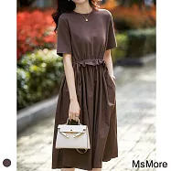 【MsMore】英國王妃藏肉抽繩摺花精梳棉寬鬆獨特洋裝#109586- M 棕