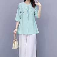 【ACheter】東方蘭花刺繡鬆緊腰八分棉麻寬褲2件式套裝#109383- M 綠